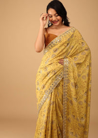 Canary Yellow Saree In Muslin With Floral Handblock Print And Embroidery