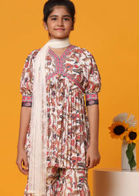 Kalki Cream White Printed Kurti And Palazzo Set In Georgette For Girls