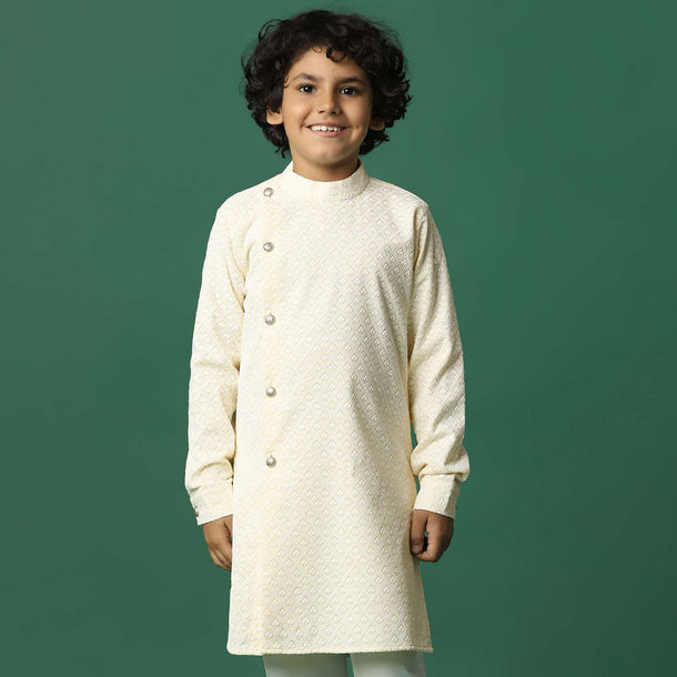 Kalki Cream White Textured Indowestern Kurta With Thread Work In Silk For Boys
