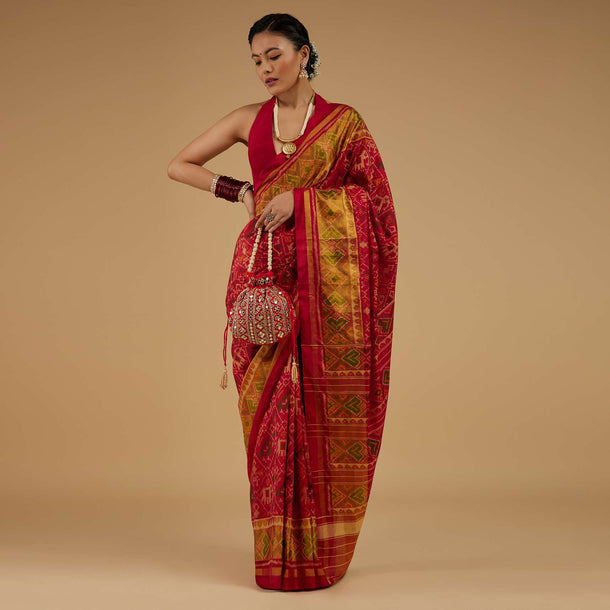 Cherry Red Saree In Silk With Ikat Weave Patola Work