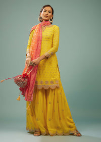 Cyber Yellow Sharara Suit With Embroidery And Bandhani Dupatta