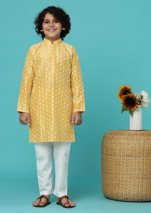 KALKI Daffodil Yellow Kurta Set In With Thread Embroidery For Boys