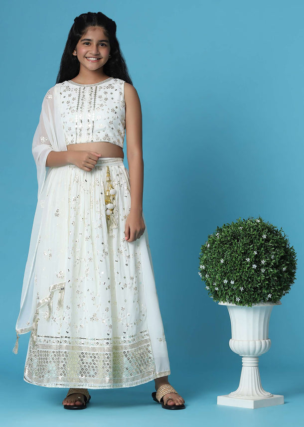 Kalki Daisy White Embroidered Top And Lehenga Set In Georgette For Girls