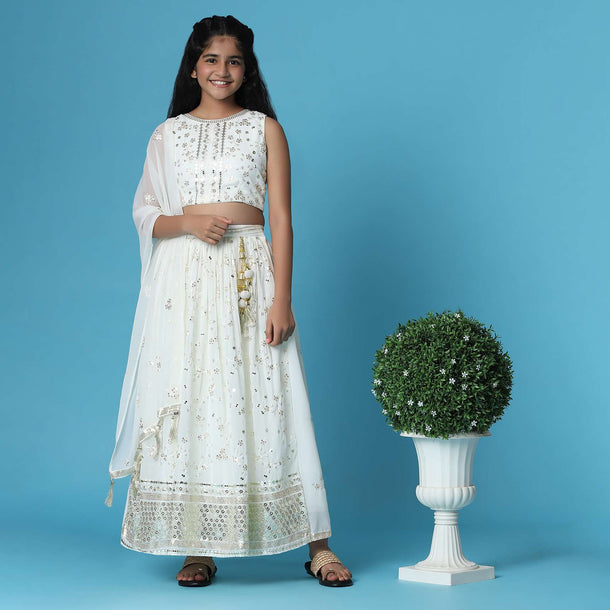Kalki Daisy White Embroidered Top And Lehenga Set In Georgette For Girls
