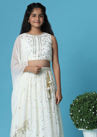 Kalki Daisy White Embroidered Top And Lehenga Set In Georgette For Girls