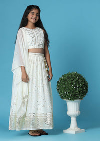 Kalki Daisy White Embroidered Top And Lehenga Set In Georgette For Girls