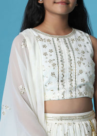 Kalki Daisy White Embroidered Top And Lehenga Set In Georgette For Girls