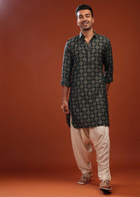 Deep Green Dhoti Kurta In Cotton With Foil Print