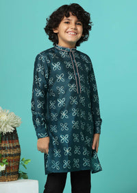 Kalki Deep Green Printed Kurta Set In Tussar Silk For Boys