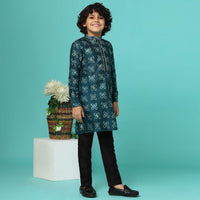 Kalki Deep Green Printed Kurta Set In Tussar Silk For Boys