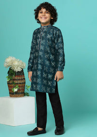 Kalki Deep Green Printed Kurta Set In Tussar Silk For Boys