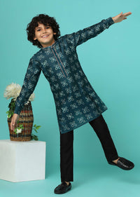 Kalki Deep Green Printed Kurta Set In Tussar Silk For Boys