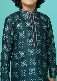 Kalki Deep Green Printed Kurta Set In Tussar Silk For Boys