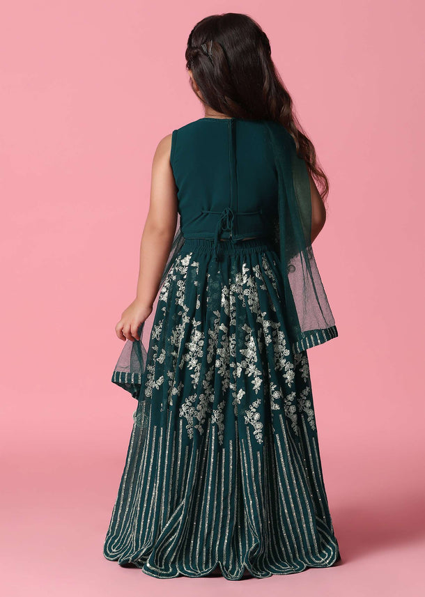 Kalki Deep Green Embroidered Lehenga Set In Georgette For Girls
