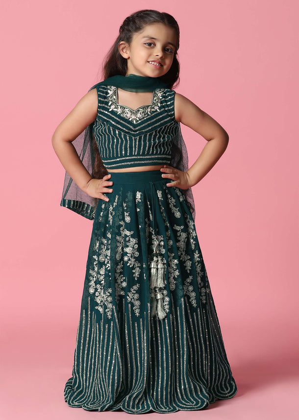 Kalki Deep Green Embroidered Lehenga Set In Georgette For Girls