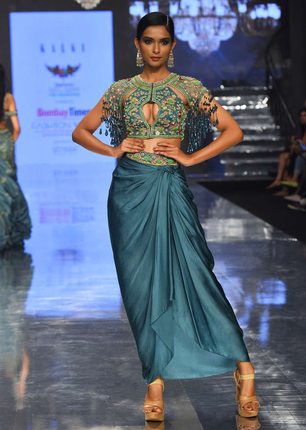 Sea Green Dhoti Crop Top Set In Satin Organza With Embroidery - NOOR 2022