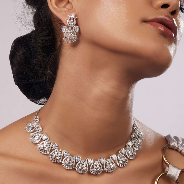 Diamond Jewelry Set With Plating In Silver Alloy