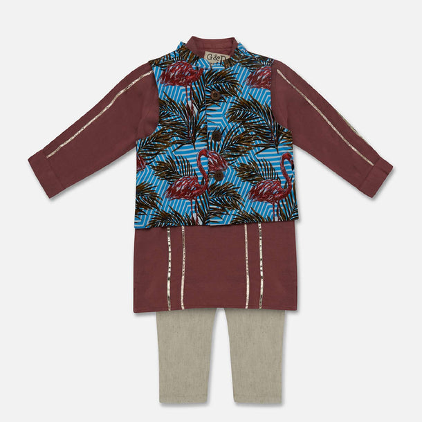 Kalki Dusty Pink Flamingo Printed Jacket Kurta Set In Cotton For Boys