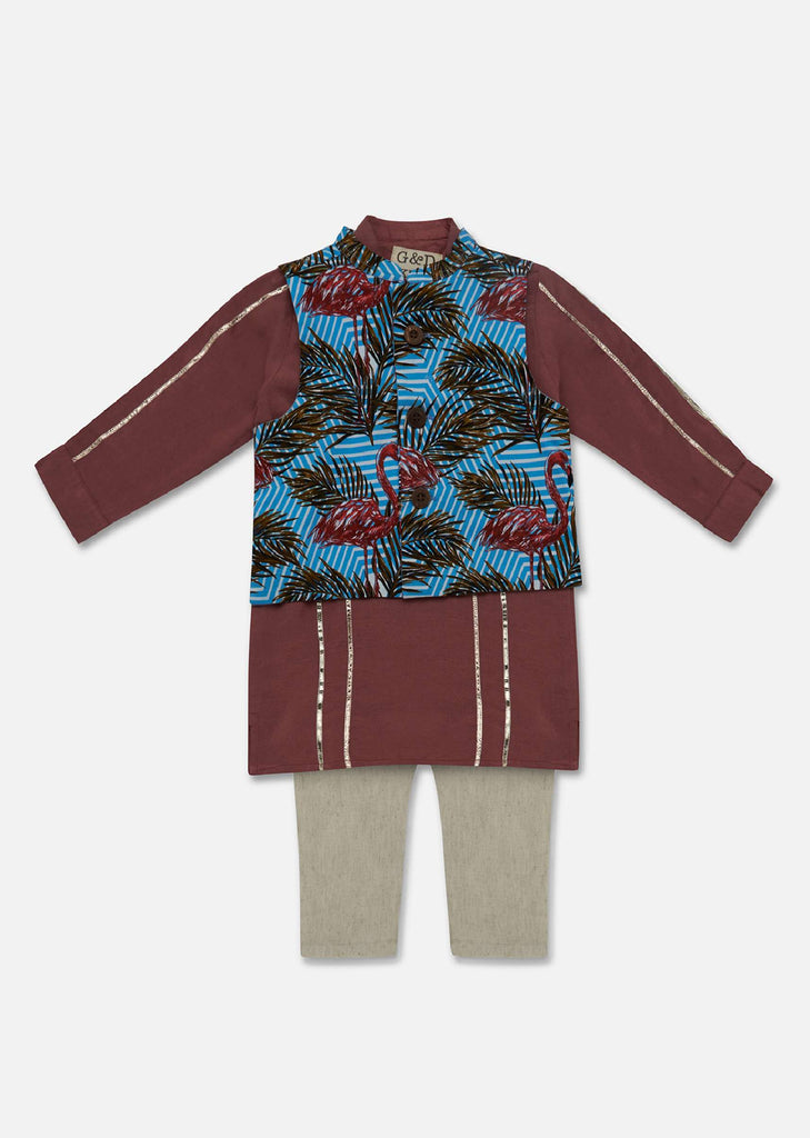 Kalki Dusty Pink Flamingo Printed Jacket Kurta Set In Cotton For Boys