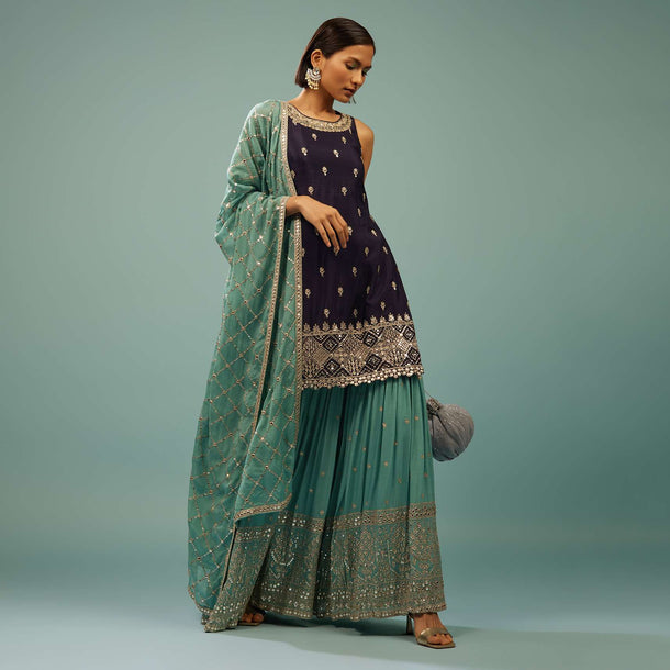 Navy Blue Sharara Suit With Embroidery