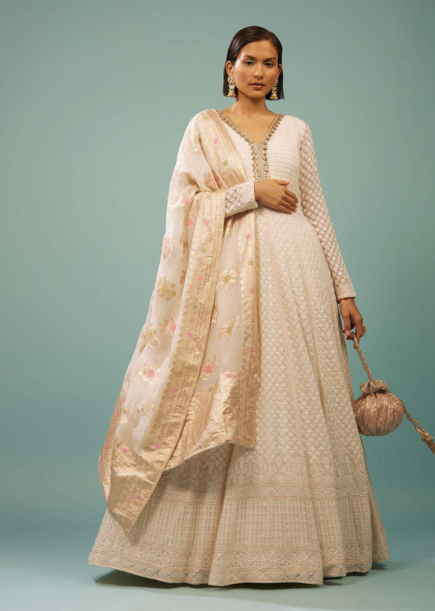 Daisy White Lucknowi Anarkali Suit In Georgette With Embroidery