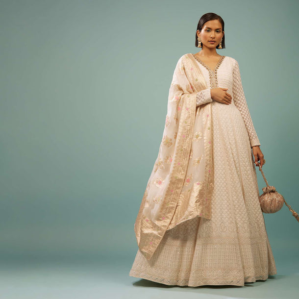 Daisy White Lucknowi Anarkali Suit In Georgette With Embroidery