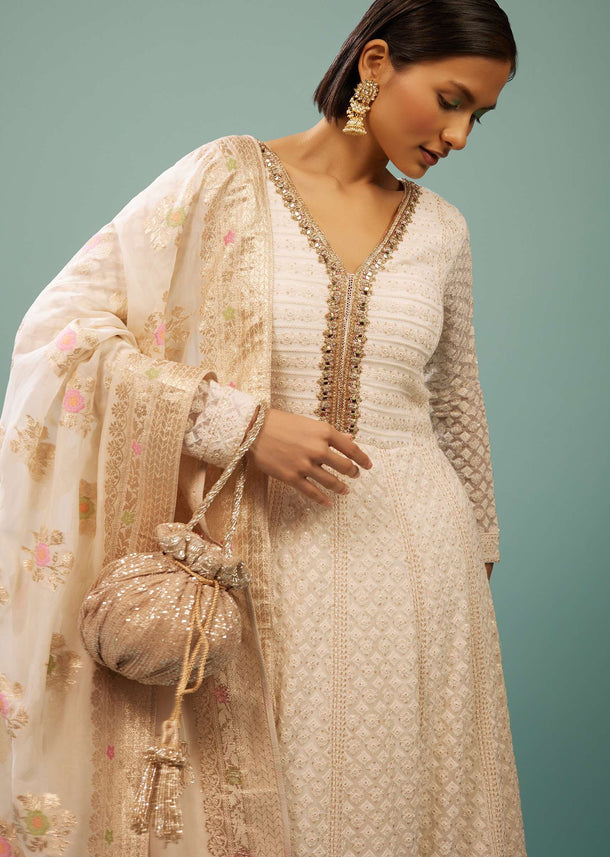 Daisy White Lucknowi Anarkali Suit In Georgette With Embroidery