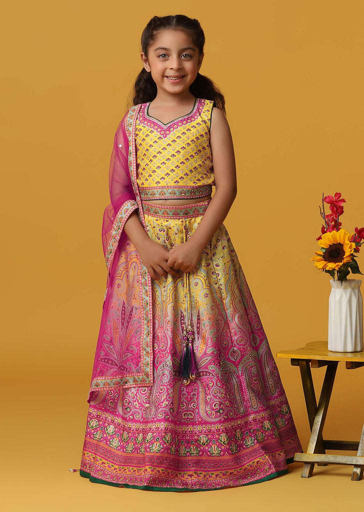 Kalki Embroidered Yellow Ombre Lehenga Blouse Set In Silk For Girls