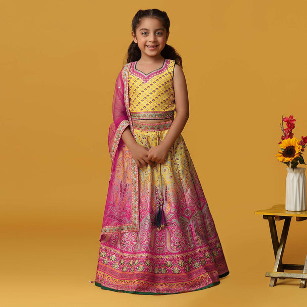 Kalki Embroidered Yellow Ombre Lehenga Blouse Set In Silk For Girls