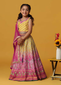 Kalki Embroidered Yellow Ombre Lehenga Blouse Set In Silk For Girls