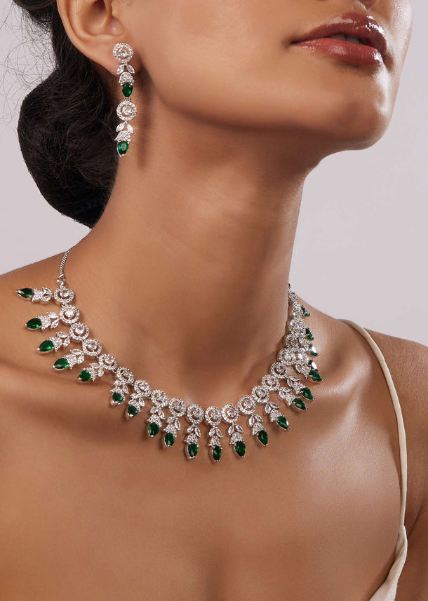 Emerald Green Stone And Diamond Necklace Set In Silver Plated Alloy