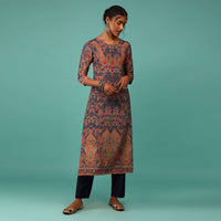 Teal Blue Kurta In Crepe With Kashmiri Floral Print And Embroidery