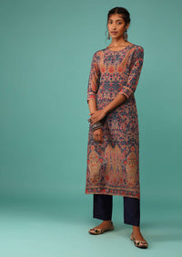 Teal Blue Kurta In Crepe With Kashmiri Floral Print And Embroidery