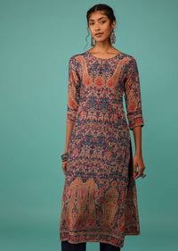 Teal Blue Kurta In Crepe With Kashmiri Floral Print And Embroidery