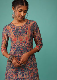 Teal Blue Kurta In Crepe With Kashmiri Floral Print And Embroidery
