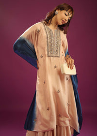 Beige & Blue Ombre Kaftan Set With Wide-Leg Palazzo And Heavy Embroidery