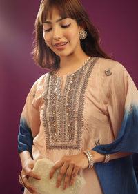 Beige & Blue Ombre Kaftan Set With Wide-Leg Palazzo And Heavy Embroidery