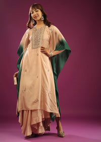 Beige & Green Ombre Kaftan Set With Wide-Leg Palazzo And Heavy Embroidery