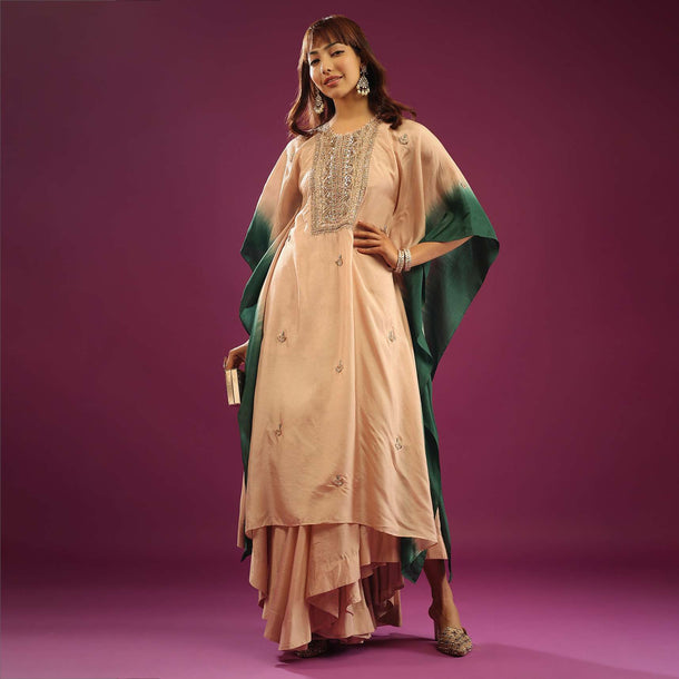 Beige & Green Ombre Kaftan Set With Wide-Leg Palazzo And Heavy Embroidery