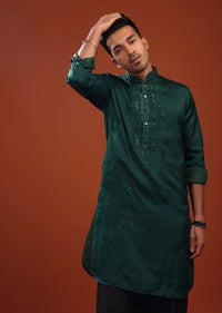 Peacock Green Festive Kurta In Mini Silk With Lucknowi Embroidery