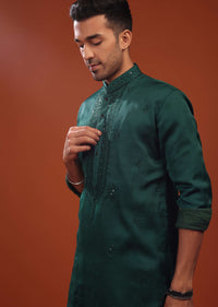 Peacock Green Festive Kurta In Mini Silk With Lucknowi Embroidery