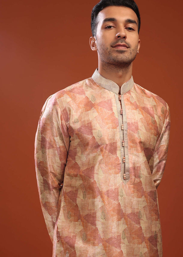 Peach Kurta Set In Bangalore Silk With Print And Brocade Weave Buttis