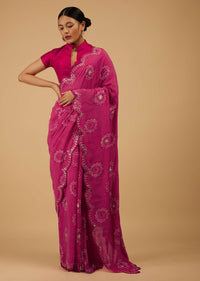 Festive Beetroot Azalea Bandhani Saree Embroidered In Muslin