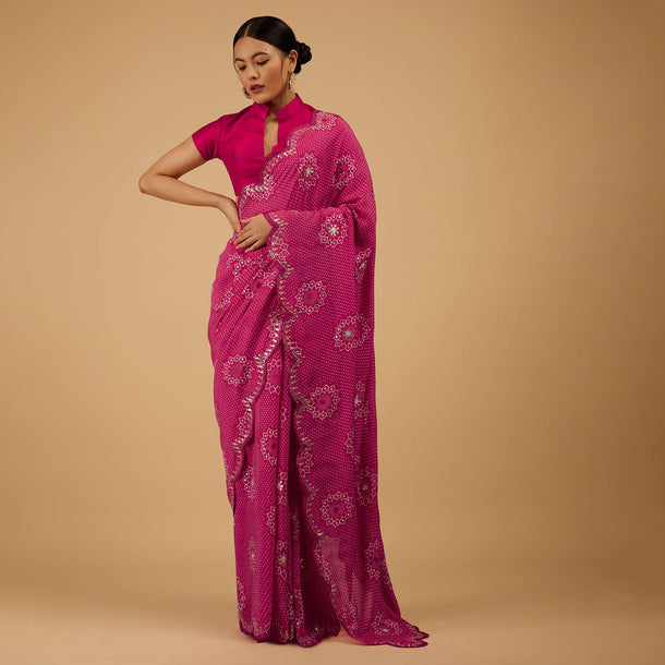 Festive Beetroot Azalea Bandhani Saree Embroidered In Muslin