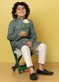 Kalki Festive Green Printed Kurta Set In Silk For Boys