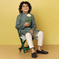 Kalki Festive Green Printed Kurta Set In Silk For Boys