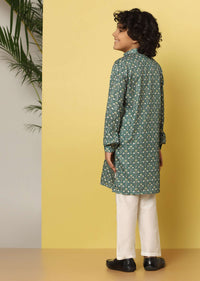 Kalki Festive Green Printed Kurta Set In Silk For Boys