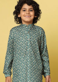 Kalki Festive Green Printed Kurta Set In Silk For Boys