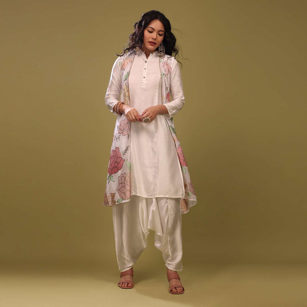 Festive Bright White Princess Kurta With Cowl Pants And An Embroidered Floral Jacket