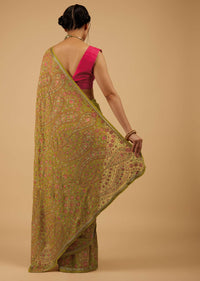 Festive Burnished Citrus Green Saree Kashmiri Embroidered In Georgette